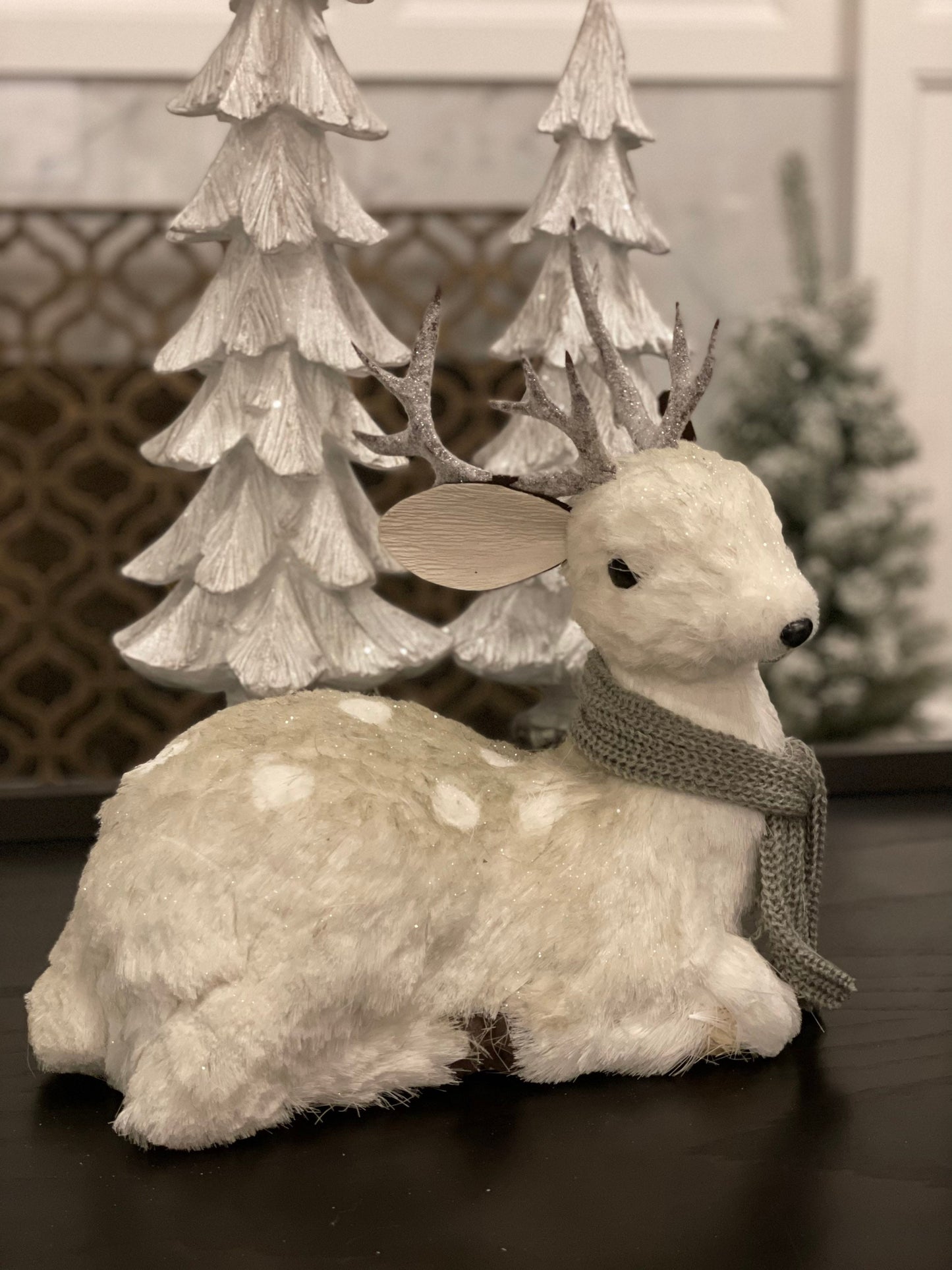 14.5 inch Deer with scarf sitting tabletop ornament. Christmas.