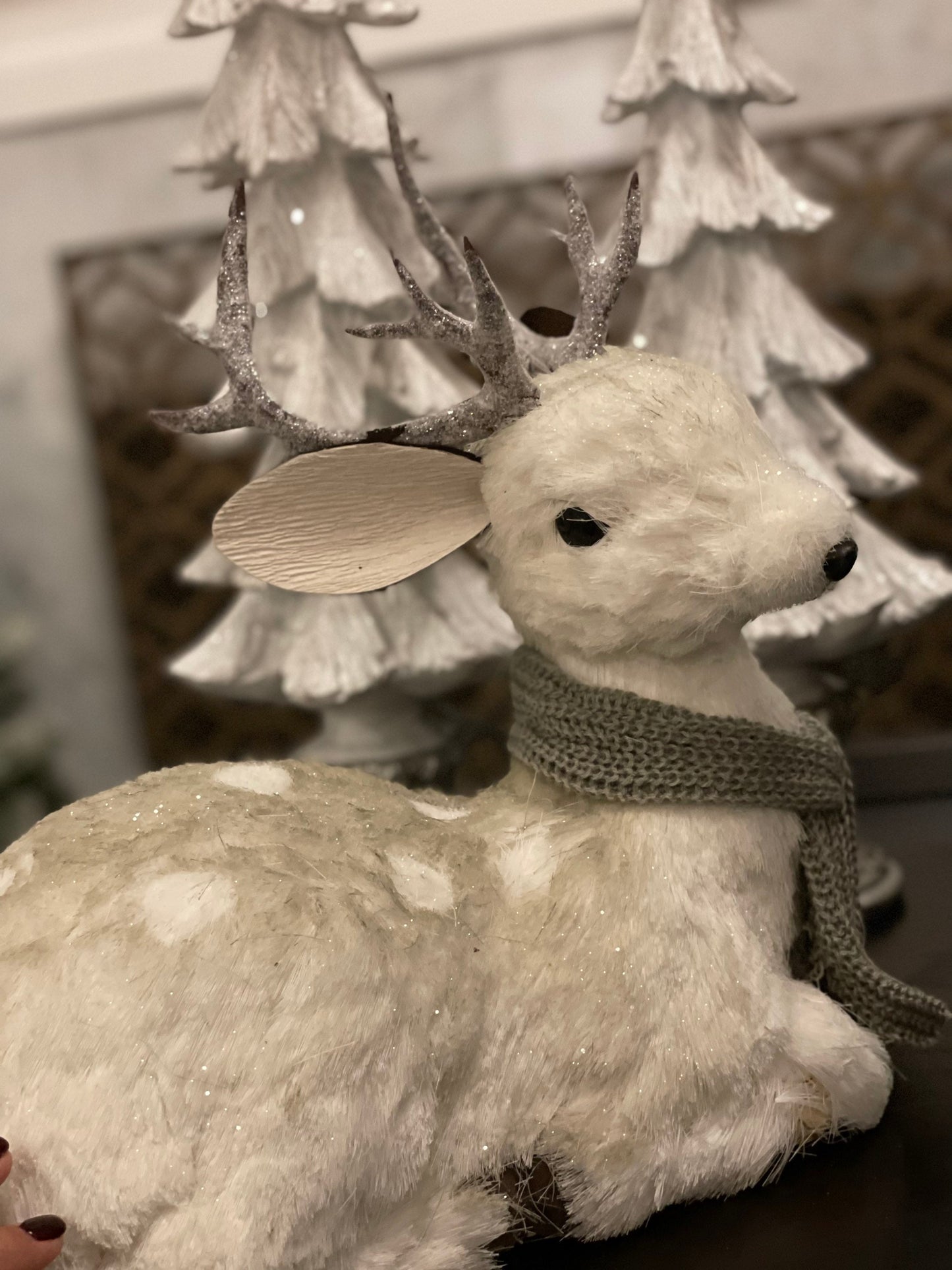 14.5 inch Deer with scarf sitting tabletop ornament. Christmas.