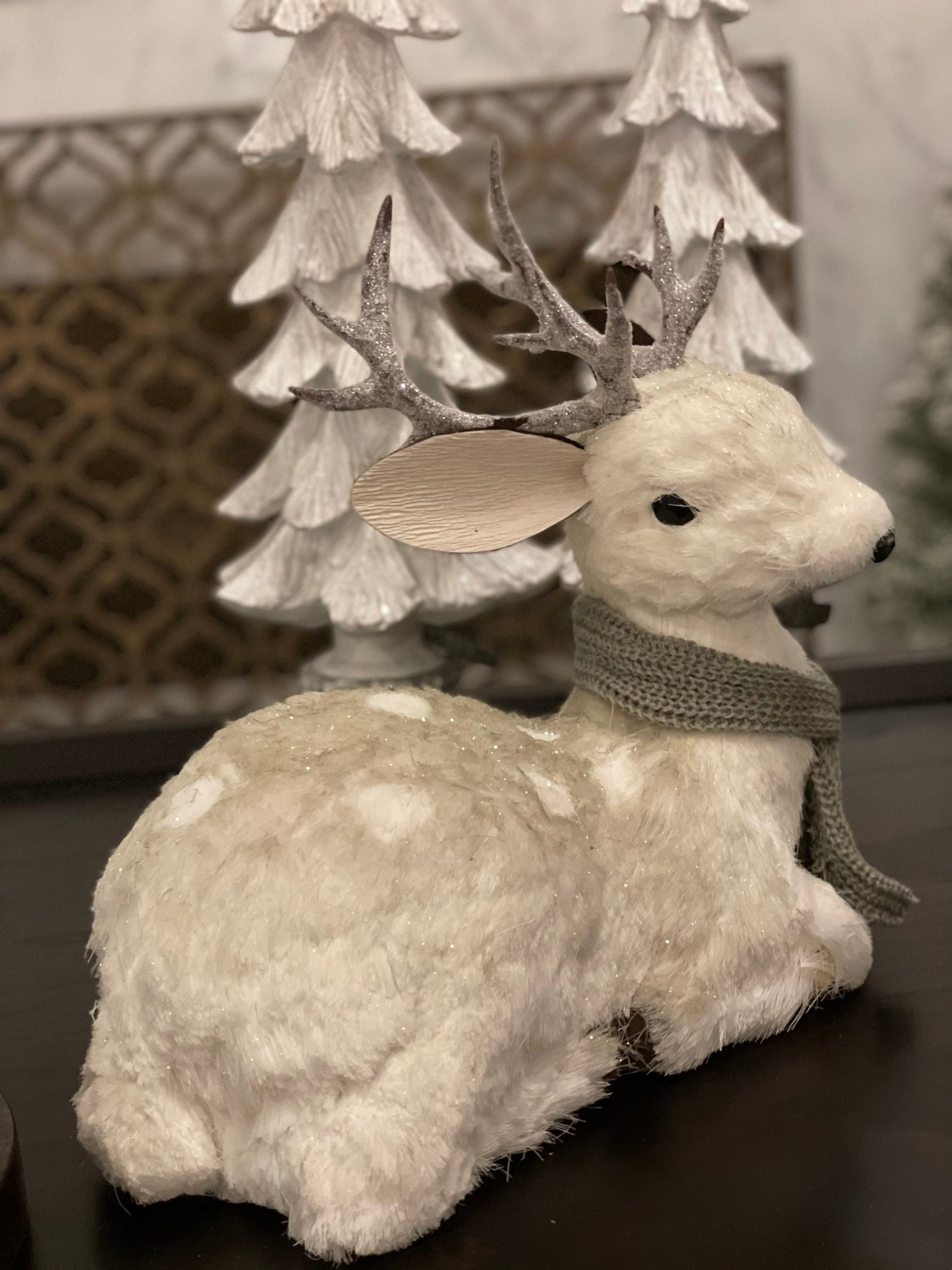 14.5 inch Deer with scarf sitting tabletop ornament. Christmas.
