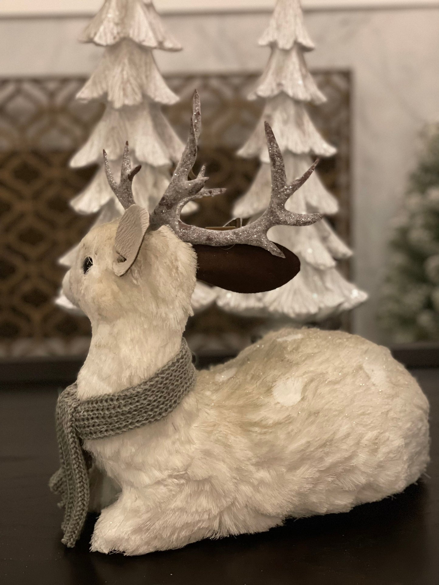 14.5 inch Deer with scarf sitting tabletop ornament. Christmas.