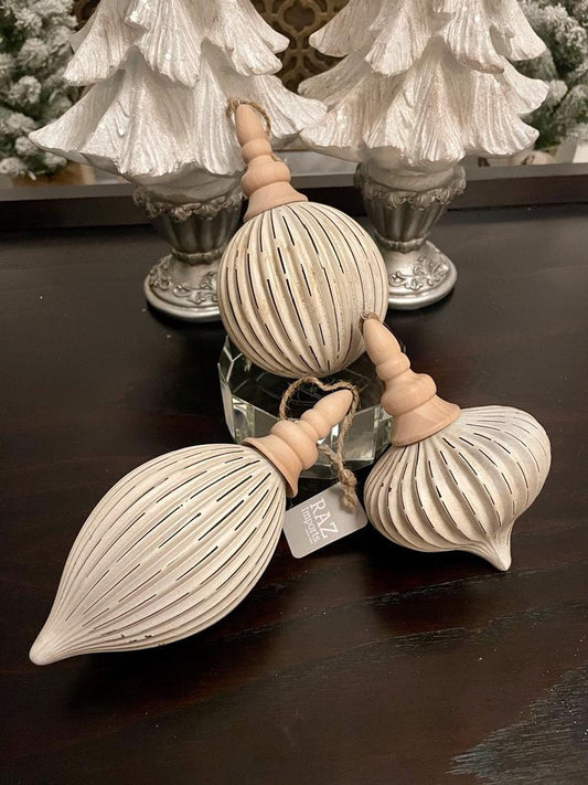 7.5" Grooved ornament set of 3. Glass and wood.*