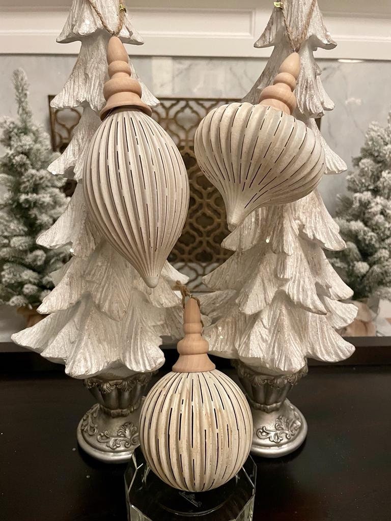 7.5" Grooved ornament set of 3. Glass and wood.*