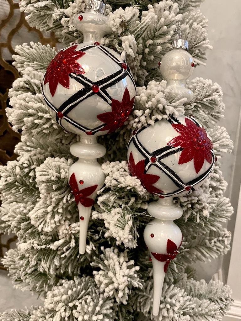 11" Poinnsettia and diamond point finial glass ornament set of 2*