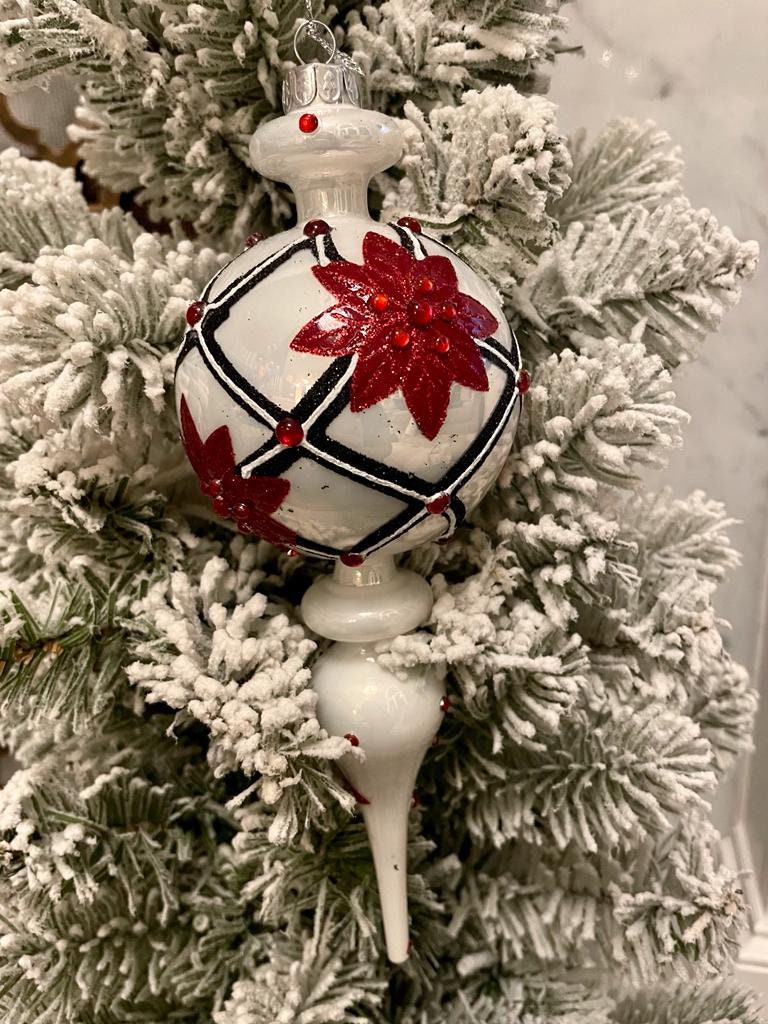 11" Poinnsettia and diamond point finial glass ornament set of 2*