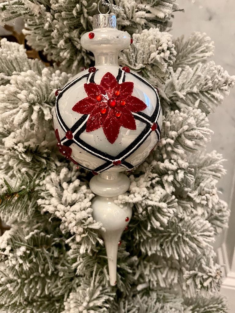 11" Poinnsettia and diamond point finial glass ornament set of 2*