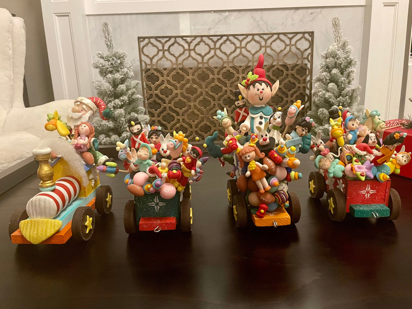 Train full of toys with Santa. Polymer clay. Handmade. Christmas.