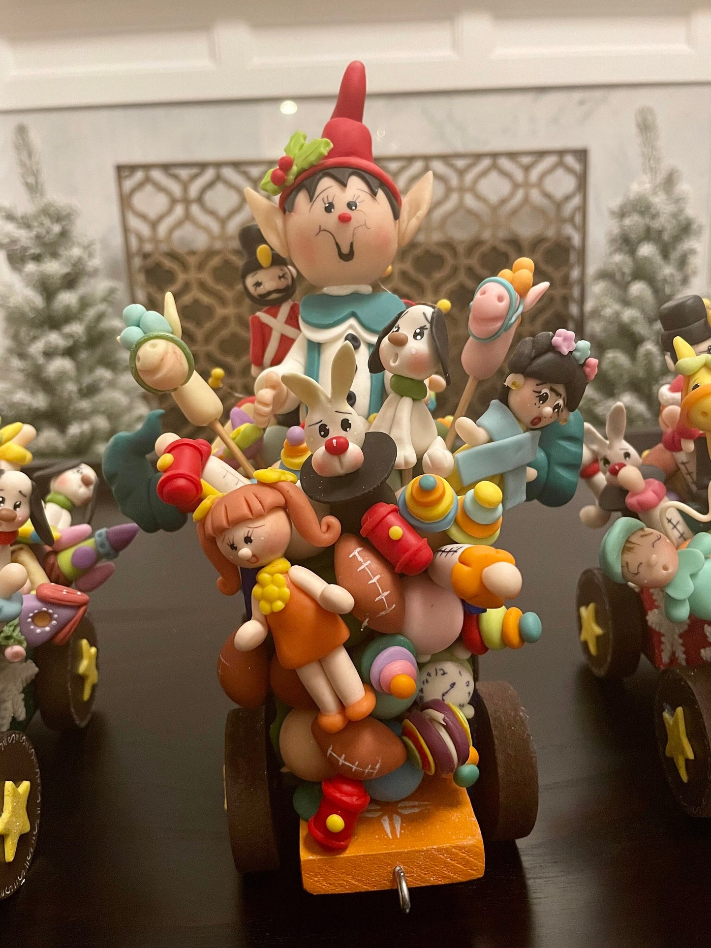 Train full of toys with Santa. Polymer clay. Handmade. Christmas.