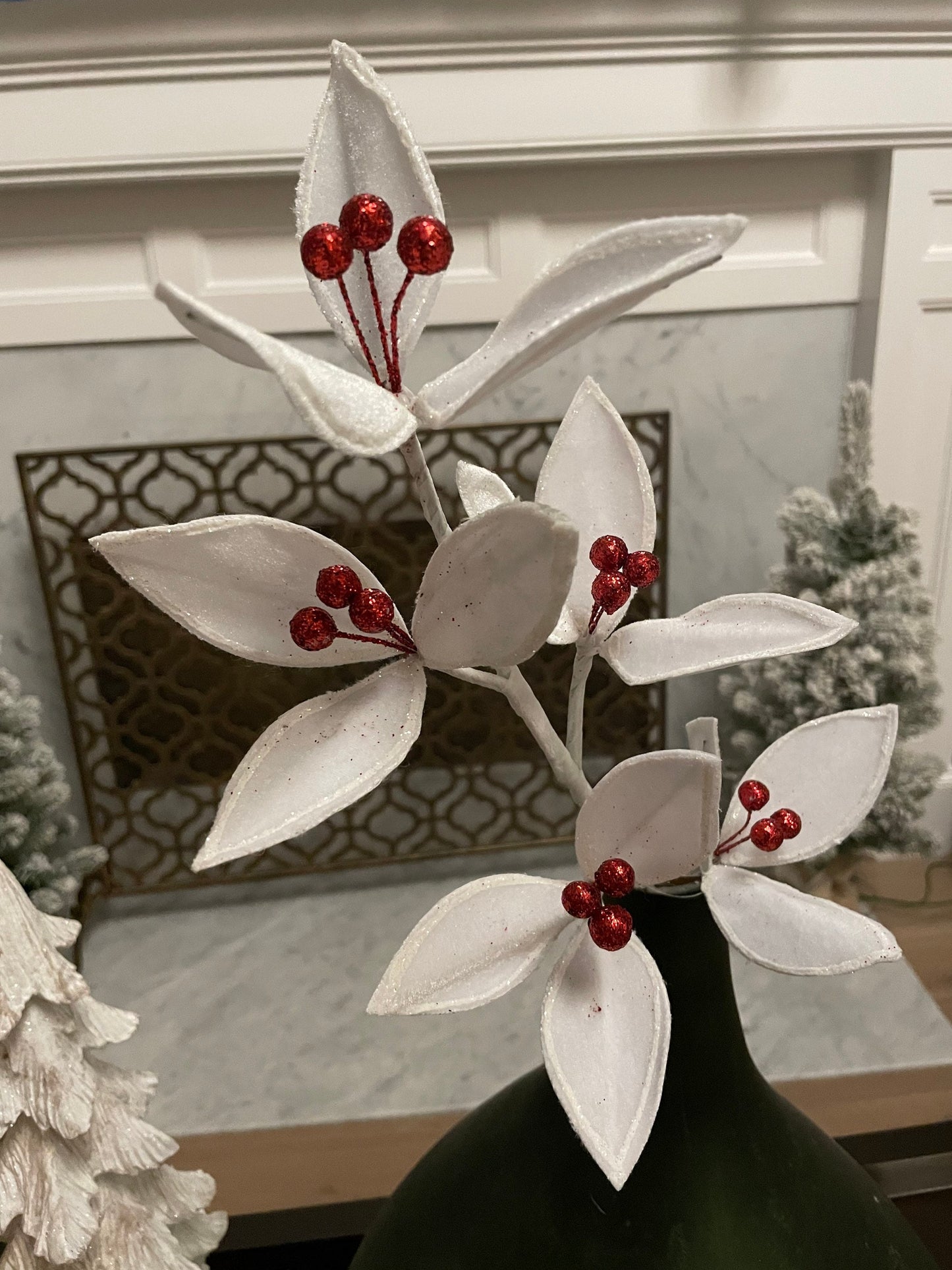 22” velvet glitter holly stem spray. Set of 3.*