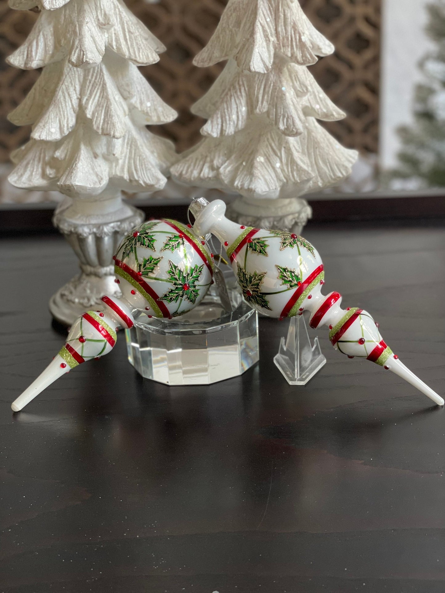 10” Holly leaf finial ornament. Glass. Set of 2.*