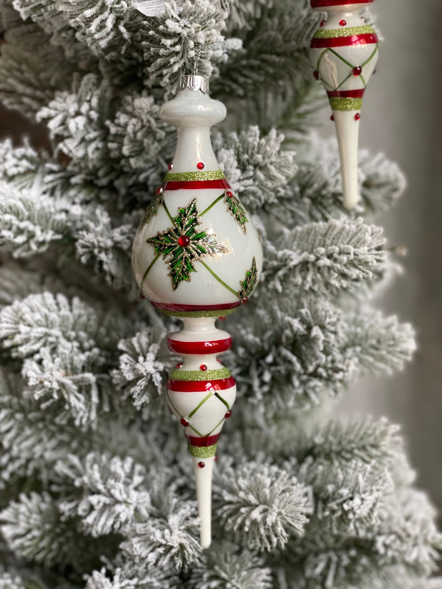 10” Holly leaf finial ornament. Glass. Set of 2.*