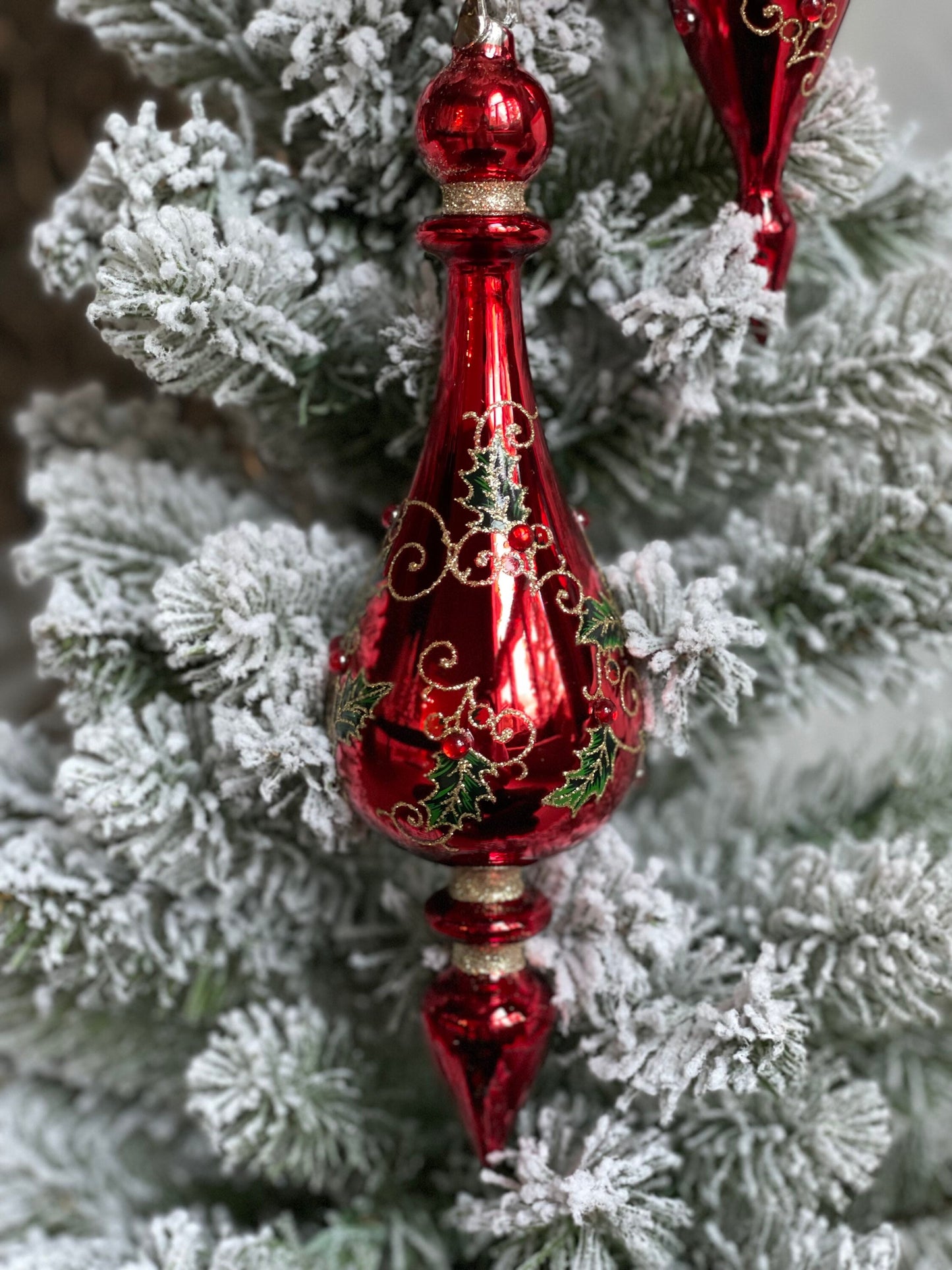 10.5” Holly finial glass ornament. Glass. Set of 2.*