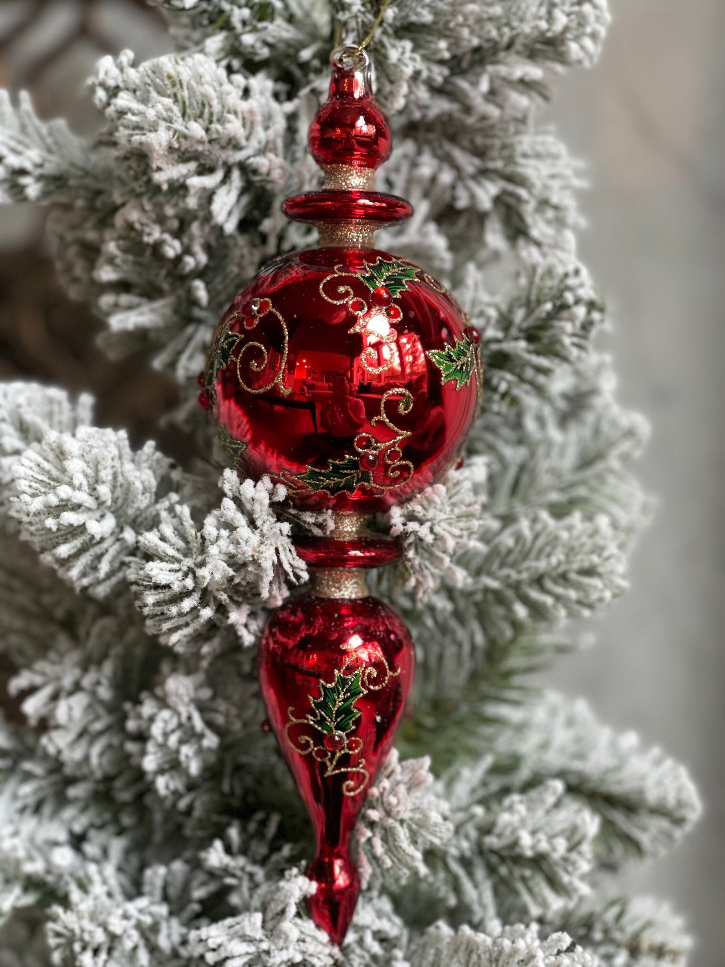 10.5” Holly finial glass ornament. Glass. Set of 2.*
