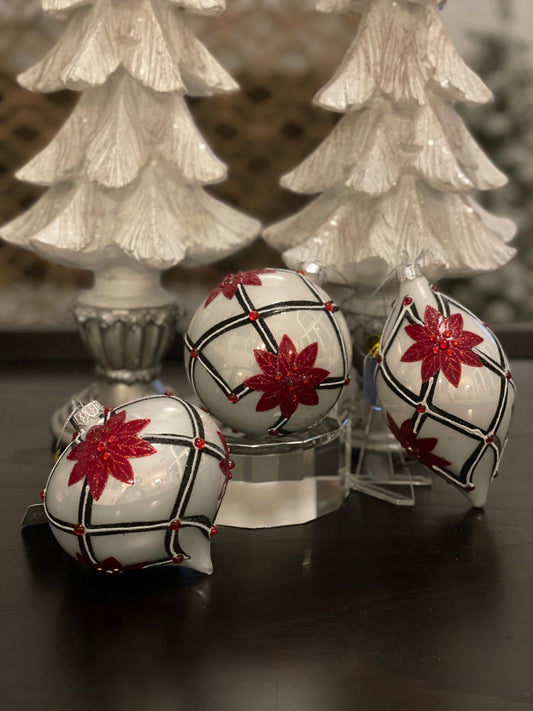 4" Poinsettia and diamond point glass ornaments set of 3. Ball, onion and finial.