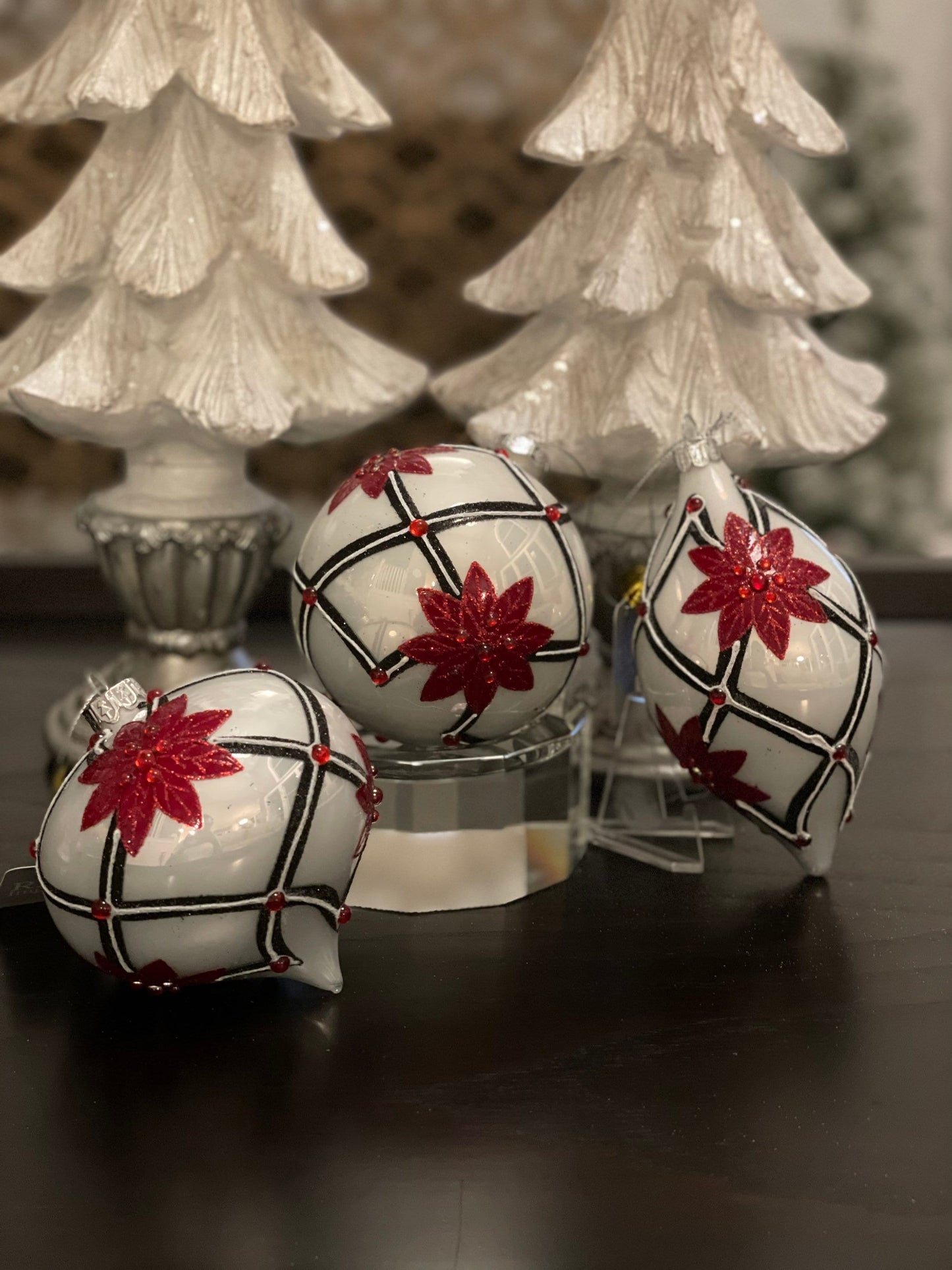 4" Poinsettia and diamond point glass ornaments set of 3. Ball, onion and finial.