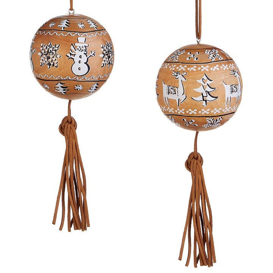 7” wood ornament with tassel. Set of 2. One of each.