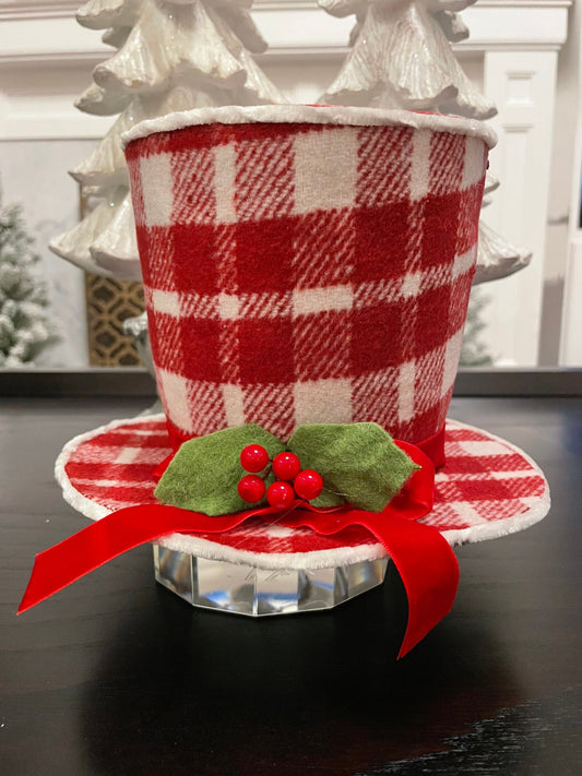 8” red and white plaid top hat w/holly*