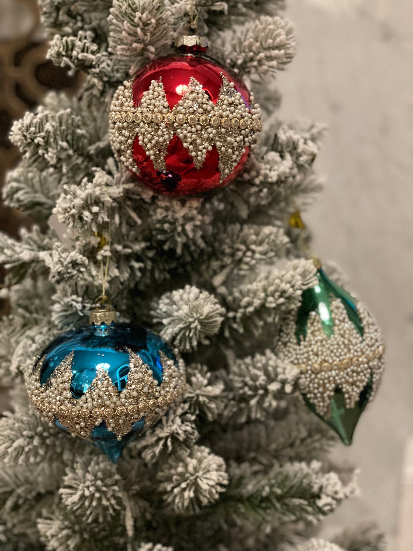 4" Jewel tone beaded glass ornaments set of 3. Ball, onion and finial.*