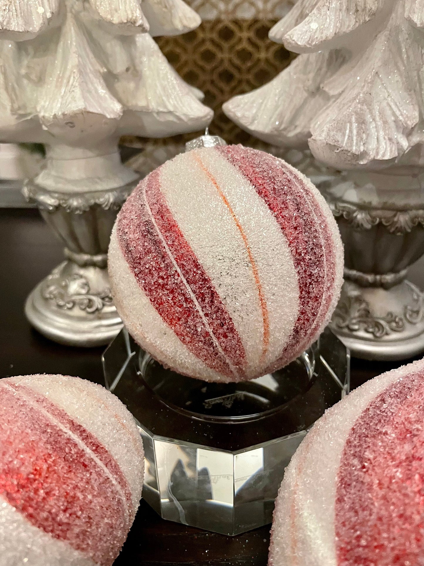 4" Peppermint stripe frosted glass ornaments set of 3. Ball, onion and finial.*