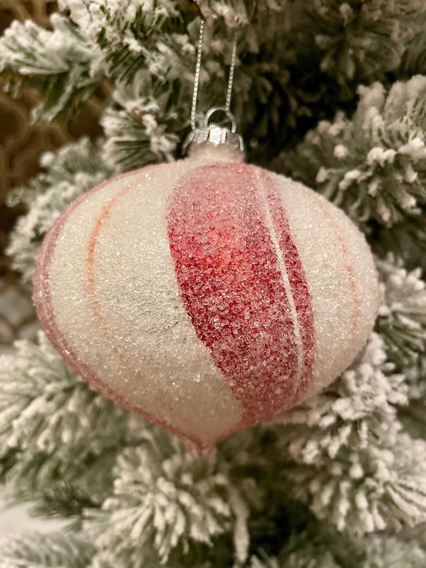 4" Peppermint stripe frosted glass ornaments set of 3. Ball, onion and finial.*