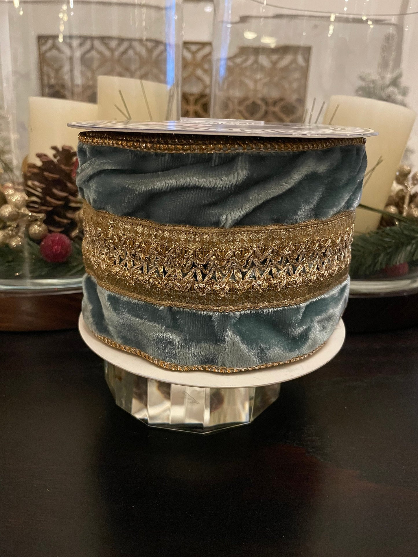 4"x5 yard velvet aqua and gold ribbon. Platinum rose trim. Wired. Designer ribbon.