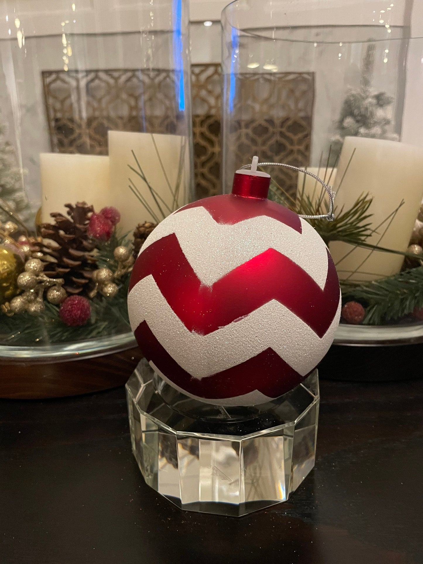 120 mm shatterproof chevron ball ornament. Red and white. Candy theme.*