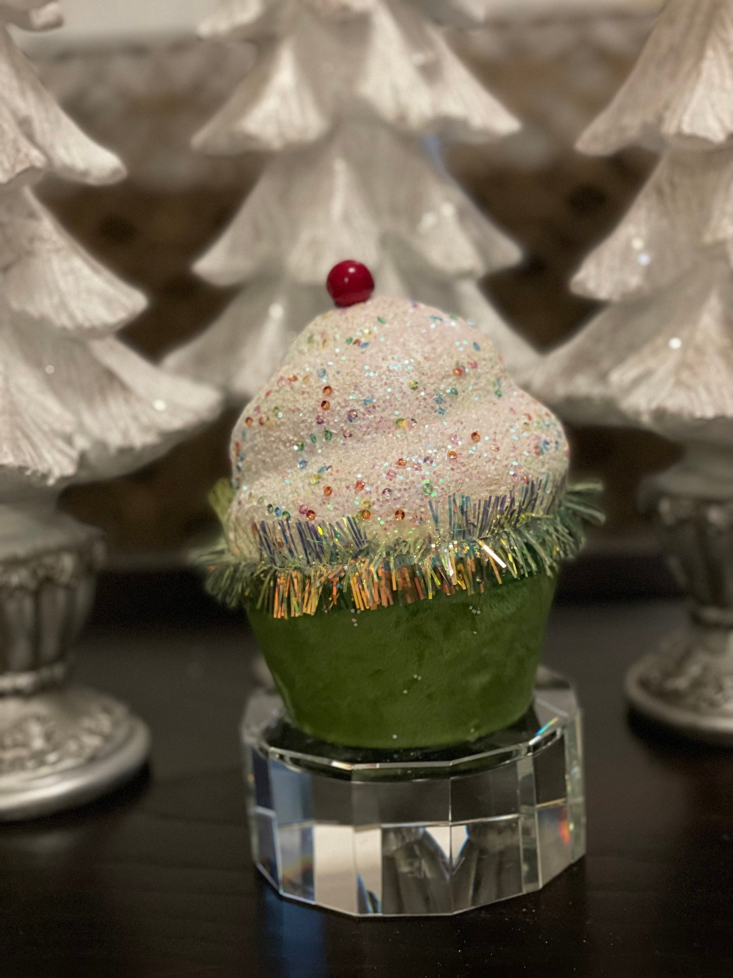7” Green Cupcake with sprinkles ornament. One Green cupcake only.