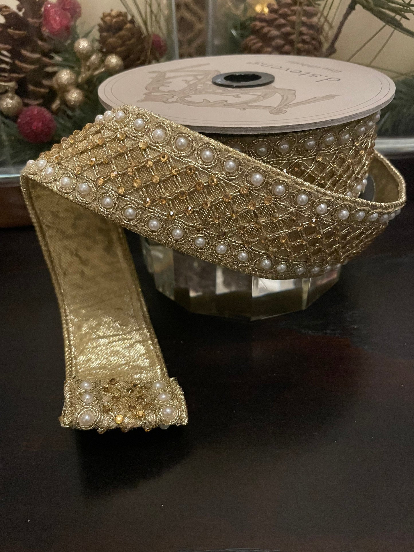 Designer wired trellis trim ribbon with golden back. 1.5” x 5 yards. Gorgeous!*