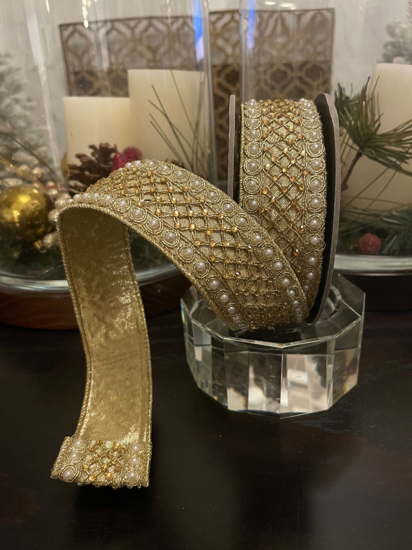 Designer wired trellis trim ribbon with golden back. 1.5” x 5 yards. Gorgeous!*