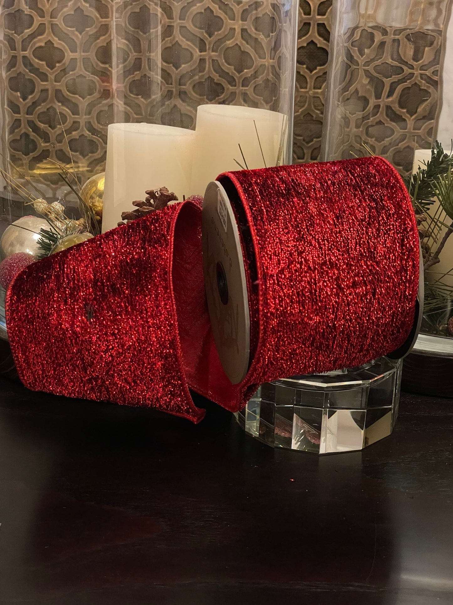 Designer metallic velvet red ribbon. 4”x 10 yards. Wired.*