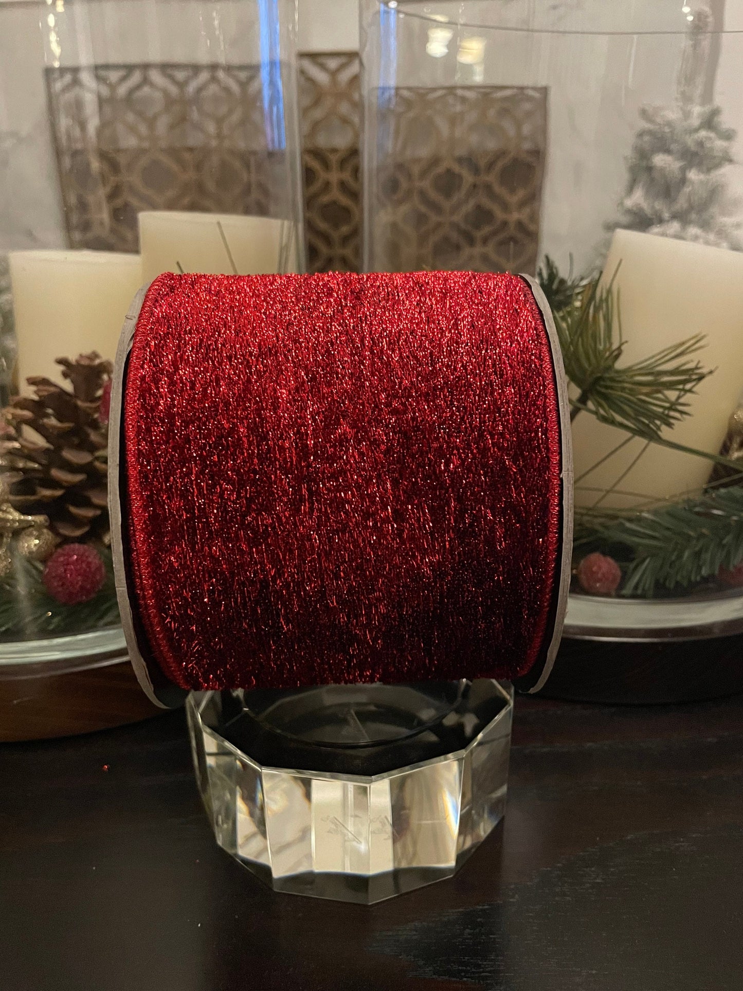 Designer metallic velvet red ribbon. 4”x 10 yards. Wired.*