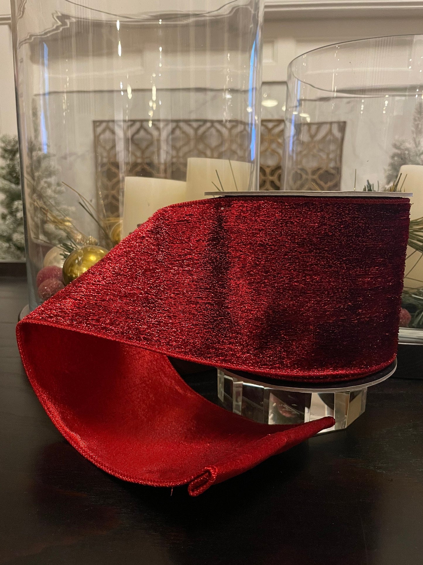 Designer metallic velvet red ribbon. 4”x 10 yards. Wired.*