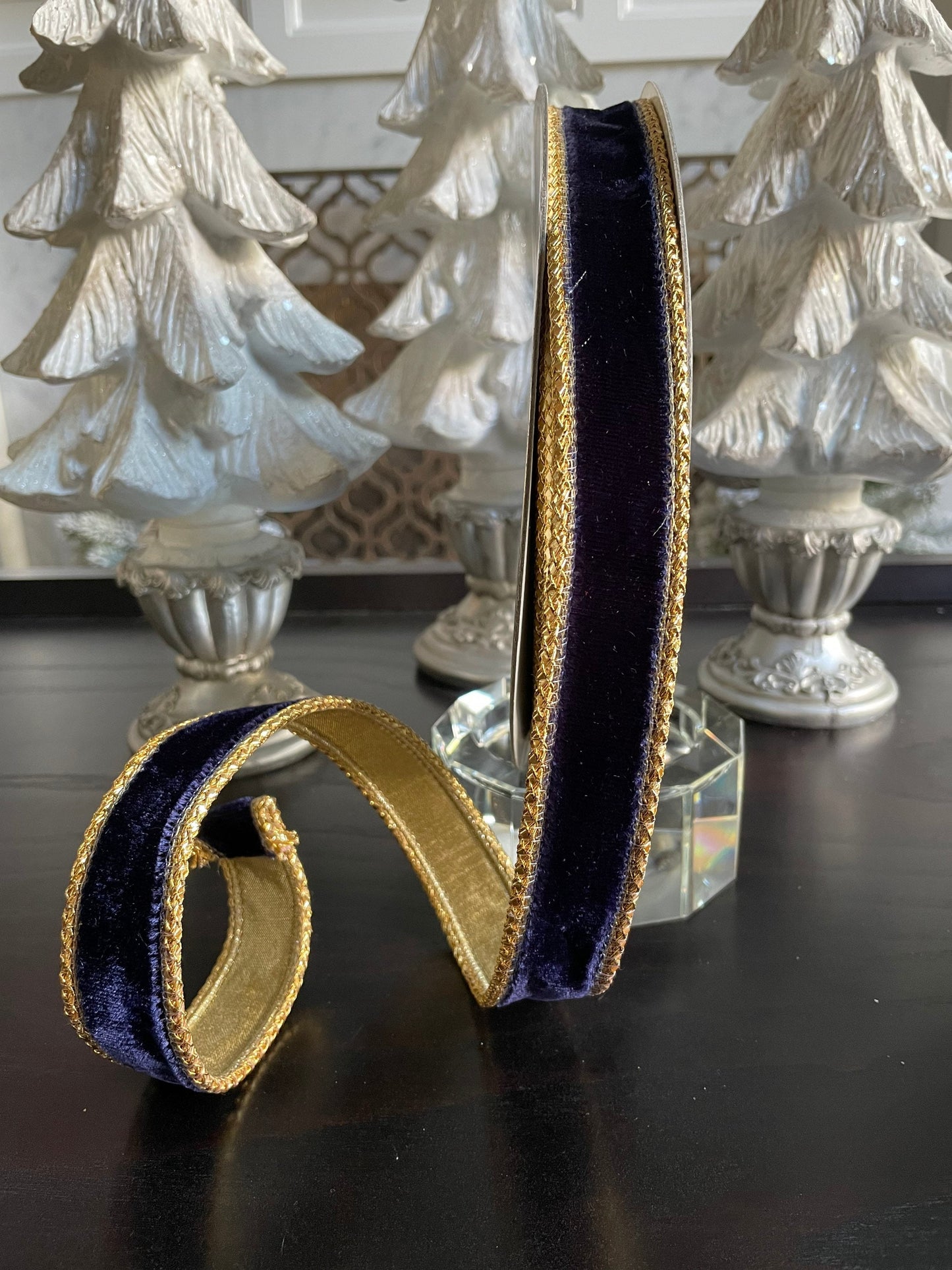 Designer royal velvet navy blue ribbon. 1”x 10 yards. Wired.*