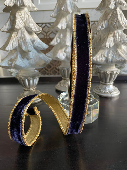 Designer royal velvet navy blue ribbon. 1”x 10 yards. Wired.*