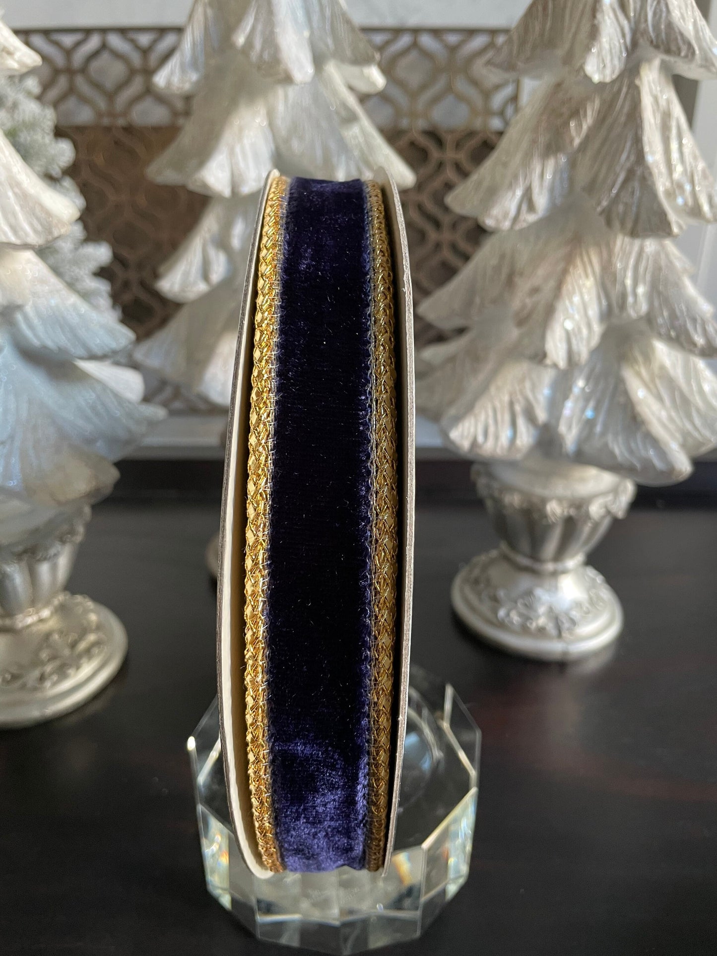 Designer royal velvet navy blue ribbon. 1”x 10 yards. Wired.*