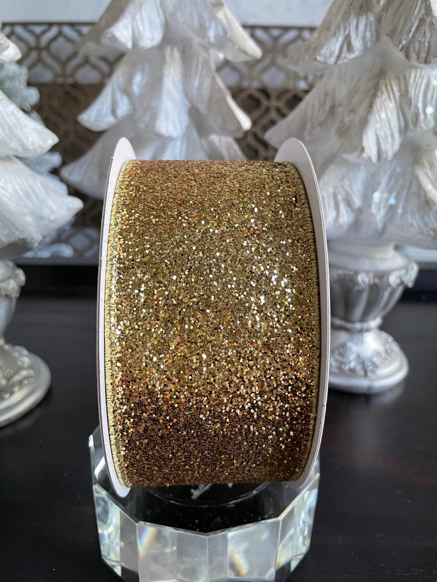 Designer glitter magic gold ribbon. 2.5”x 10 yards. Wired.*