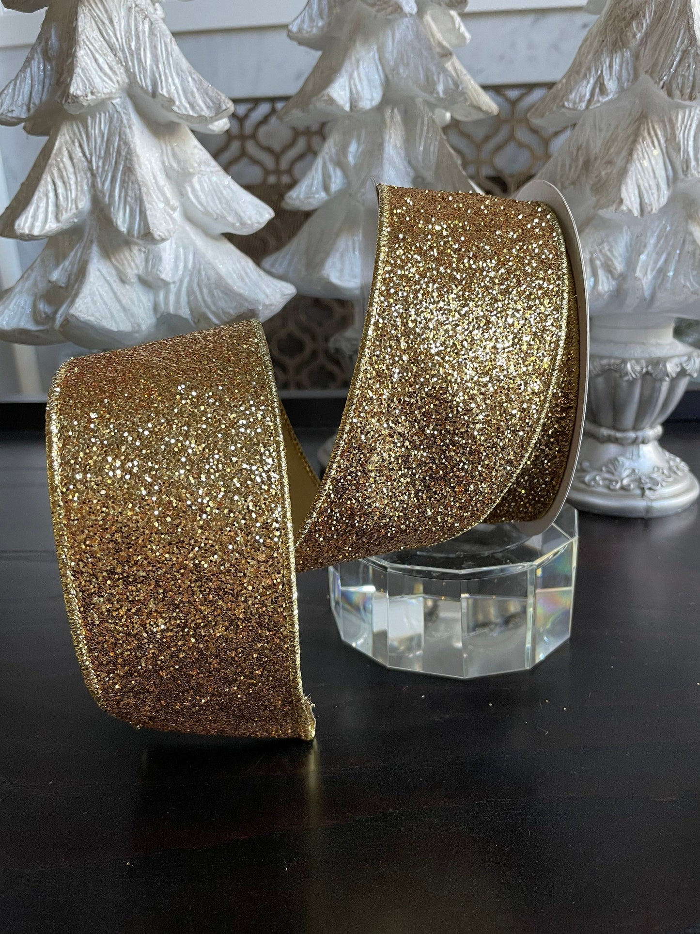 Designer glitter magic gold ribbon. 2.5”x 10 yards. Wired.*