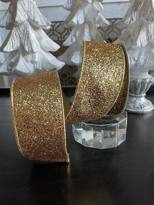 Designer glitter magic gold ribbon. 2.5”x 10 yards. Wired.*