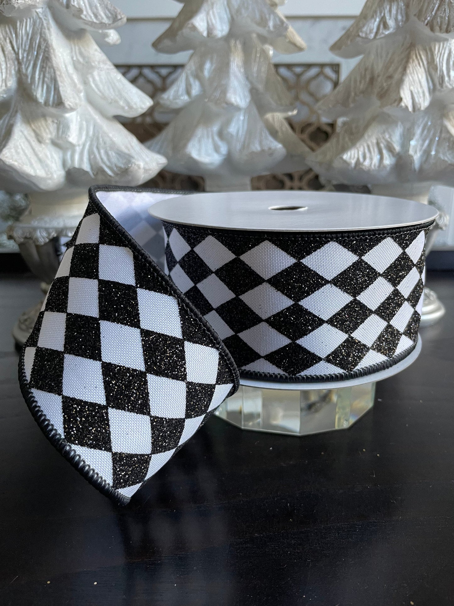 Designer Christmas glitter jester diamonds ribbon. 2.5”x 10 yards. Wired.*