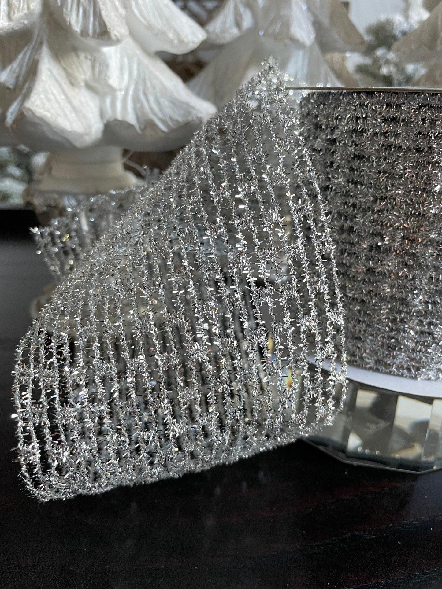 Designer Christmas diamonds silver ribbon. 4”x 10 yards. Wired.*