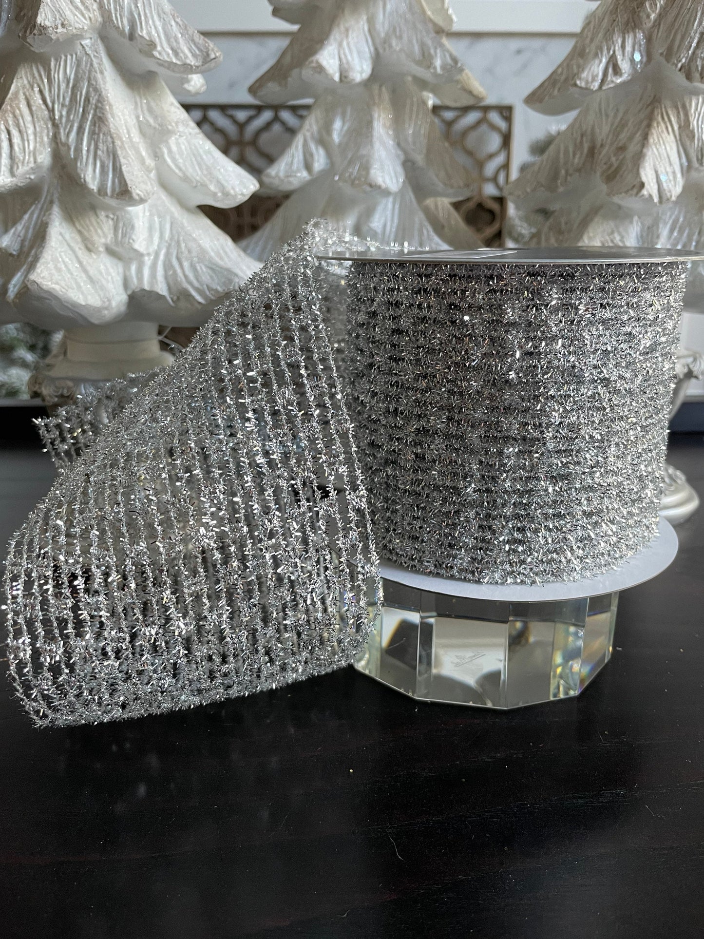 Designer Christmas diamonds silver ribbon. 4”x 10 yards. Wired.*