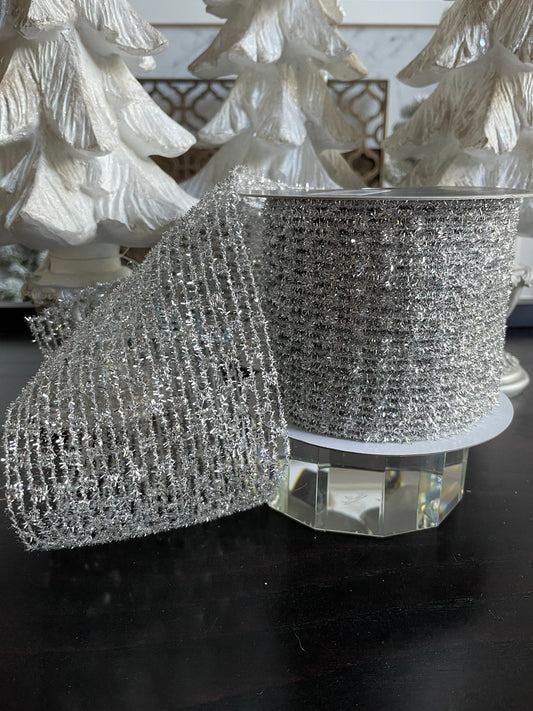 Designer Christmas diamonds silver ribbon. 4”x 10 yards. Wired.*