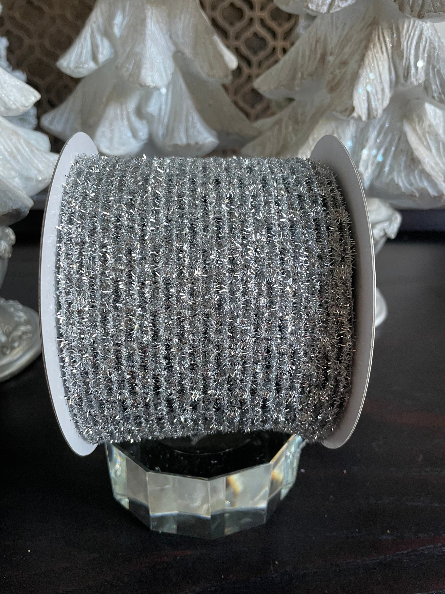 Designer Christmas diamonds silver ribbon. 4”x 10 yards. Wired.*
