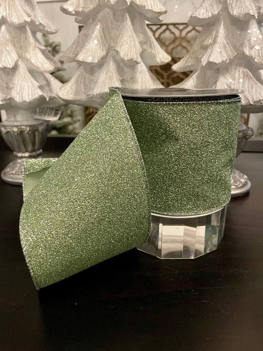 Designer diamond dust mint green ribbon. 4”x 10 yards. Wired.*