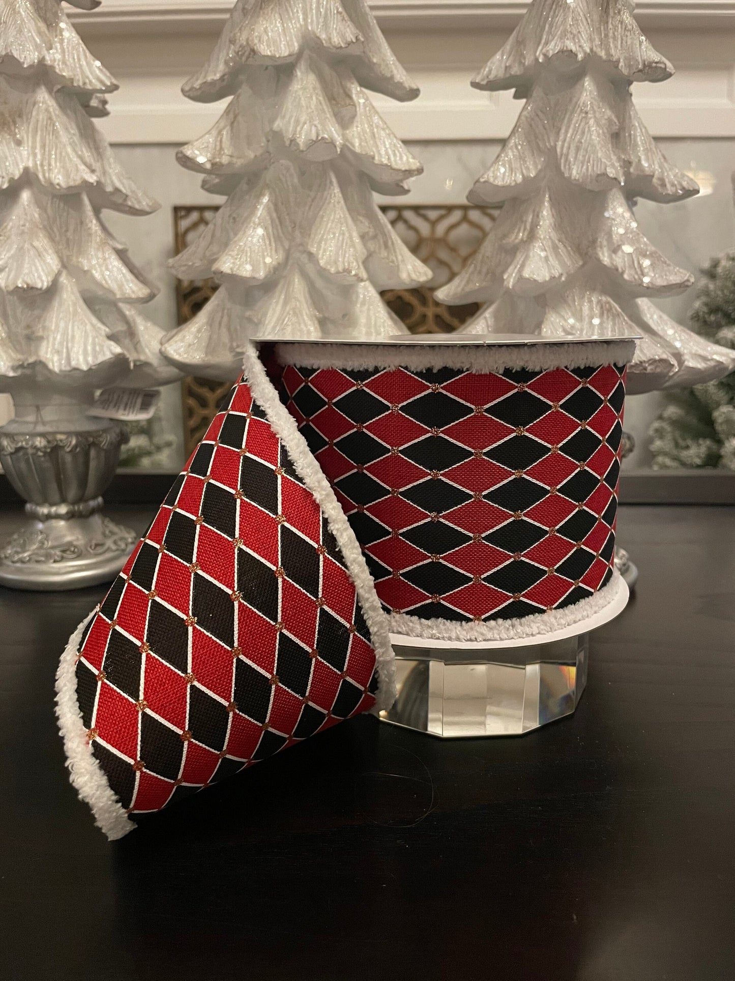 Harlequin outlined black and red ribbon. 4”x 10 yards. Wired.*