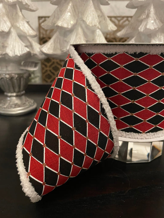 Harlequin outlined black and red ribbon. 4”x 10 yards. Wired.*