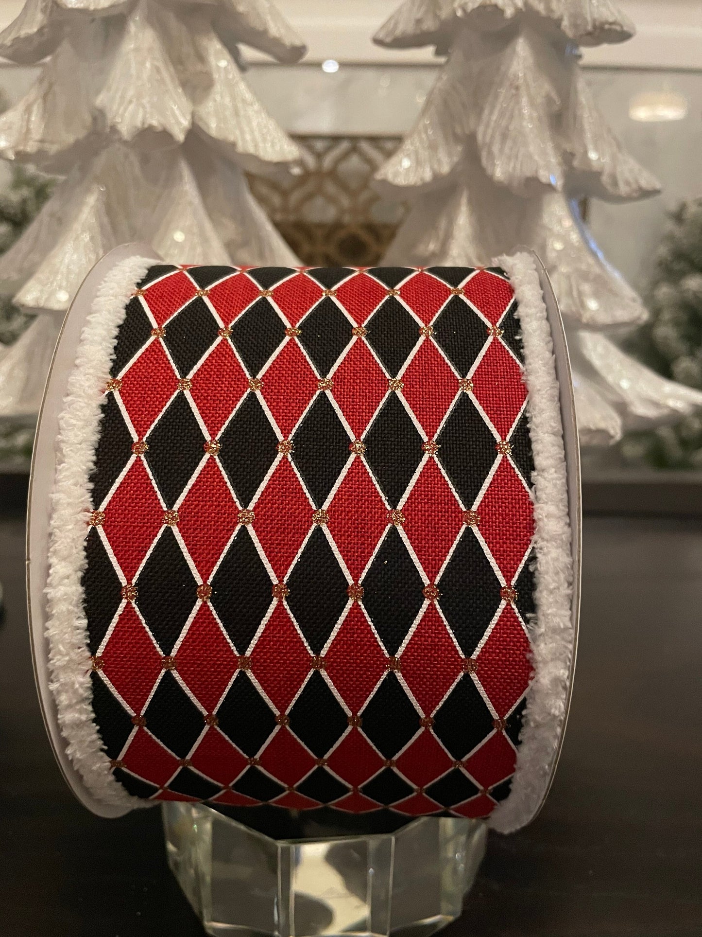 Harlequin outlined black and red ribbon. 4”x 10 yards. Wired.*