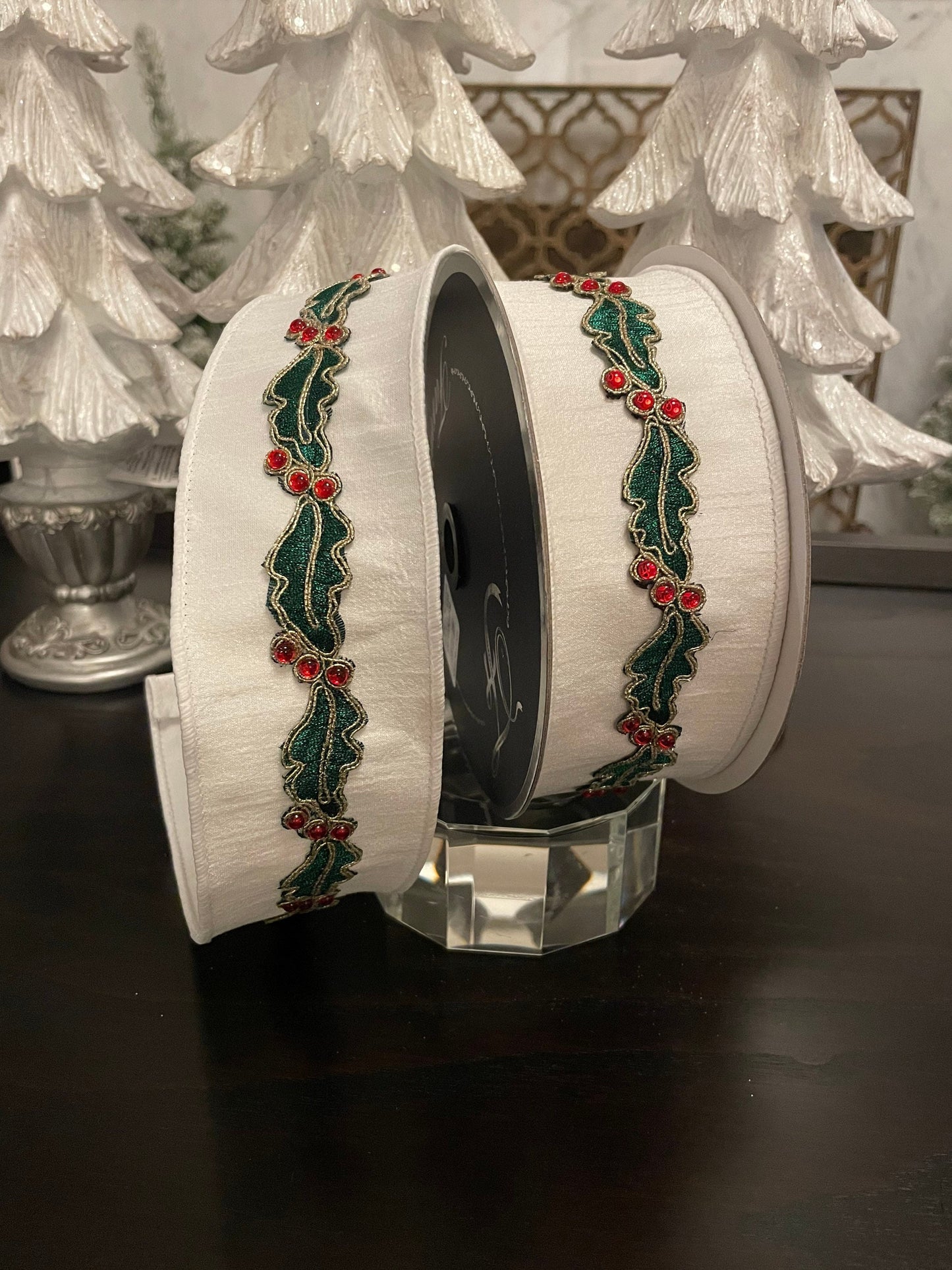 Holly border white ribbon. 2.5”x 10 yards. Wired.*