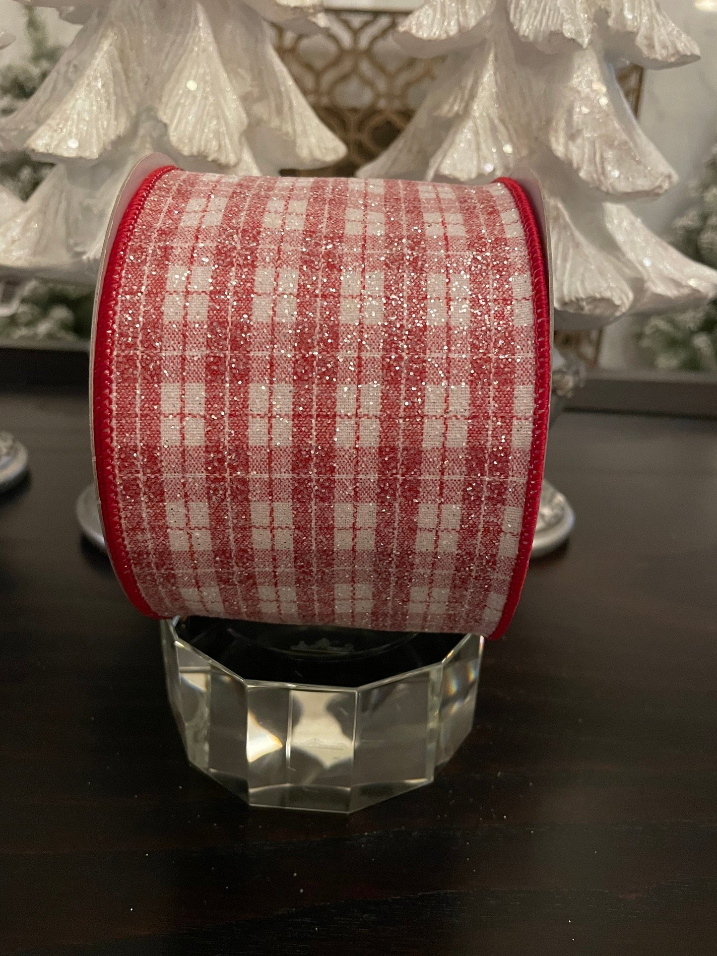Sugar plaid ribbon. Red and white. 4”x 10 yards. Glittery.Wired.*