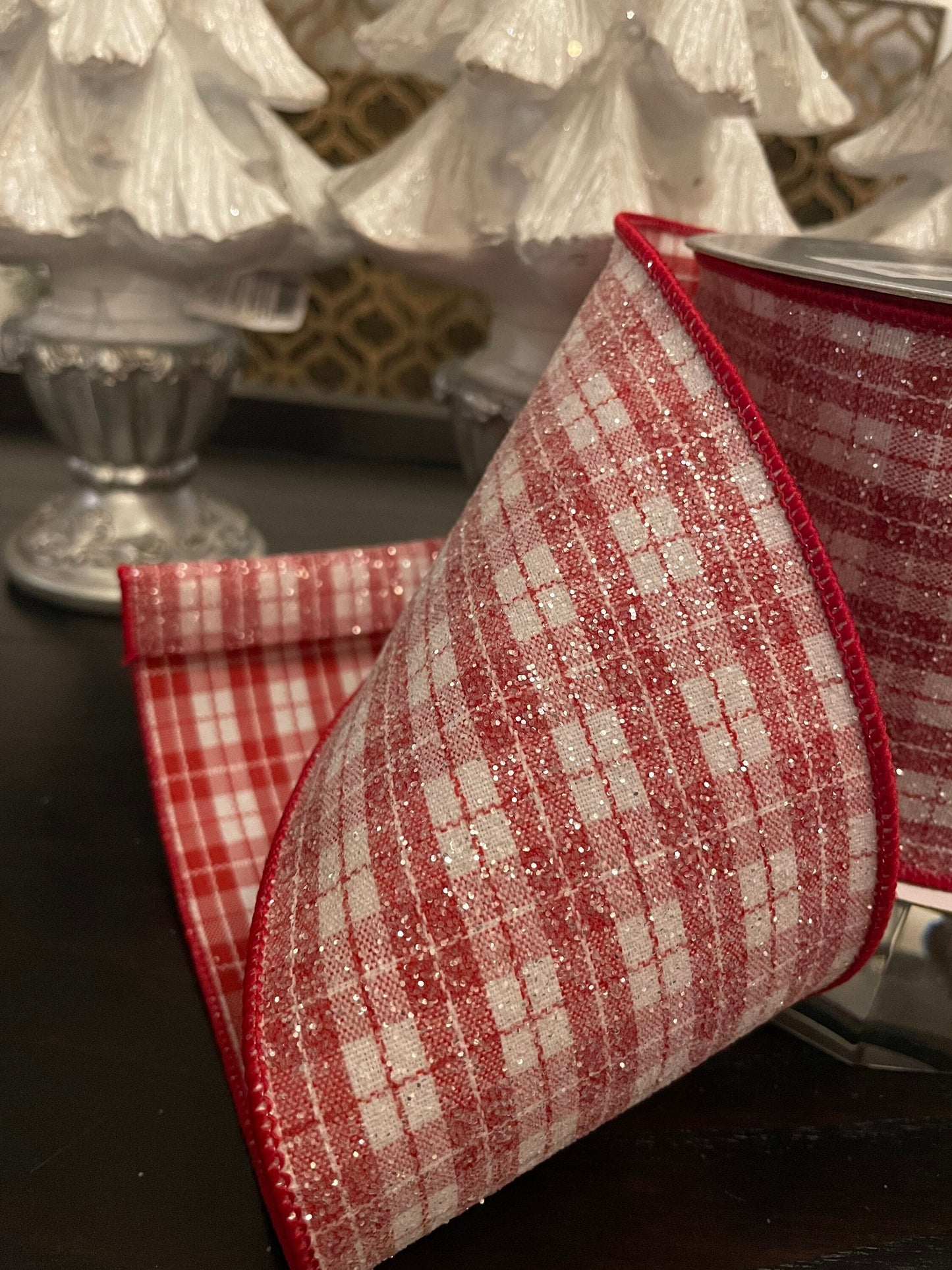 Sugar plaid ribbon. Red and white. 4”x 10 yards. Glittery.Wired.*