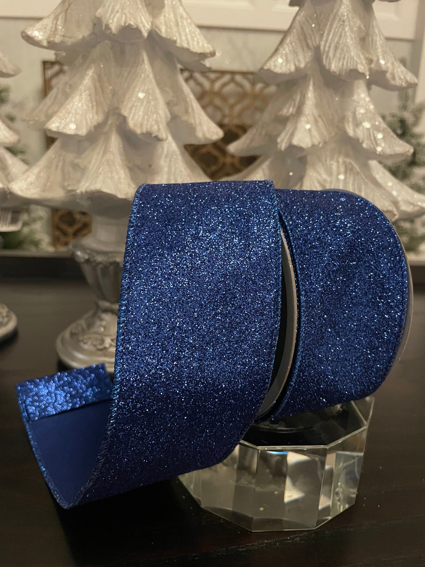 Designer diamond dust royal blue ribbon. 2.5” x 10 yards. Wired.*